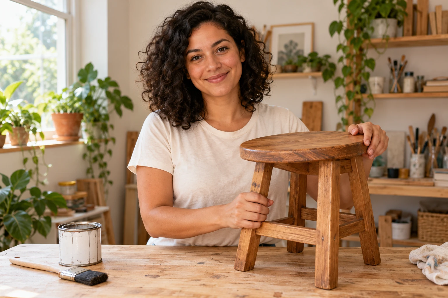 Fictional DIY creator Maya with a refinished wooden stool
